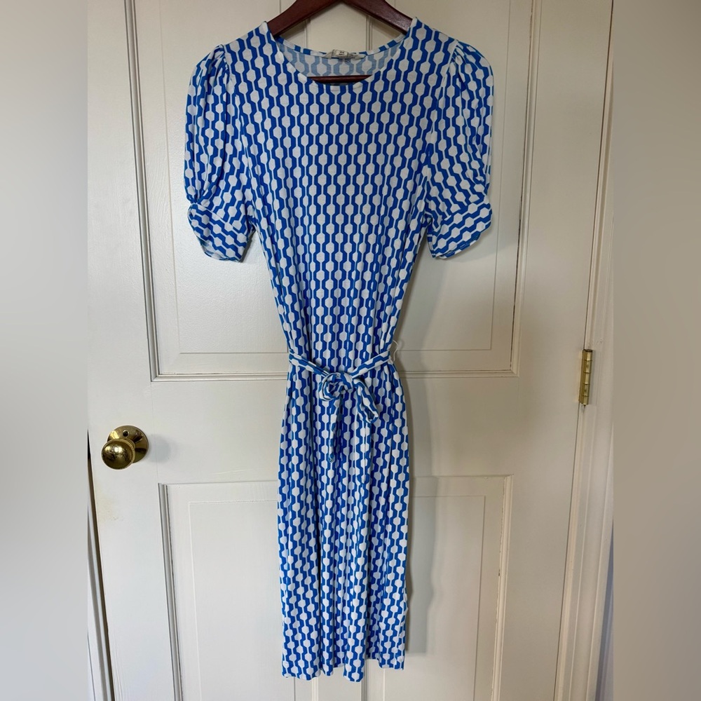 Boden Puff Sleeve Tie Waist Jersey Dress - Geometric Pattern Sz 6L EUC